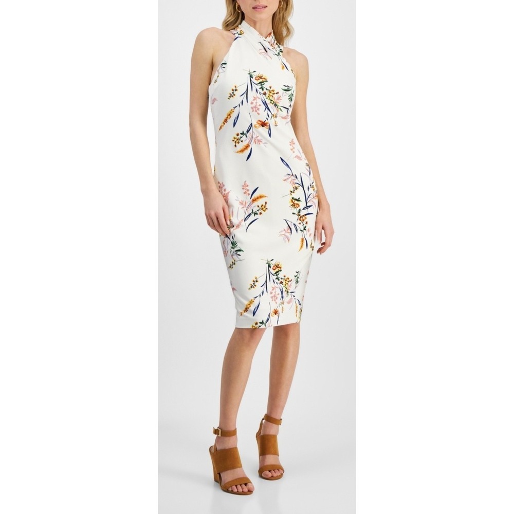 Rachel Roy Womens Small Harland White Floral Sleeveless Halter Midi Sheath Dress